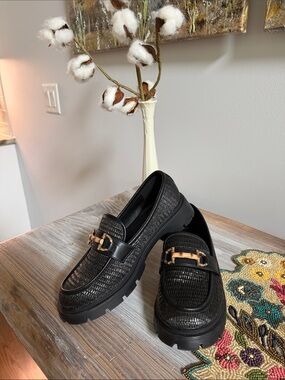 Black Woven Leather Loafers with Gold Accent